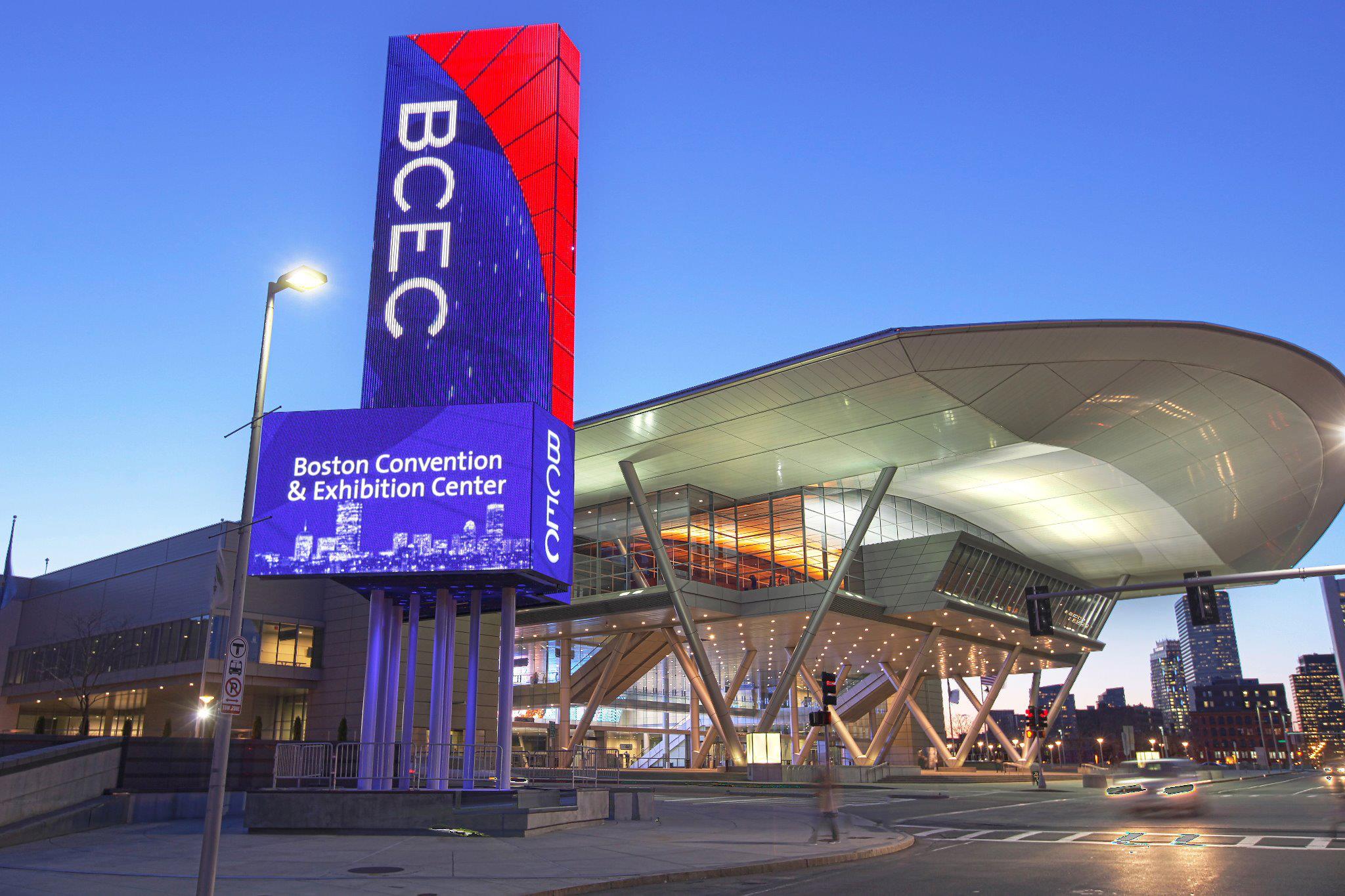 Exhibition center. Boston Convention and Exhibition Center. Convention and Exhibition Centre with people.